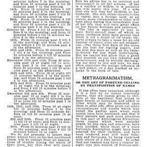 May include: A page from a vintage book titled "Book of Forbidden Knowledge" with text about fortune telling and the influence of names on a person's life.