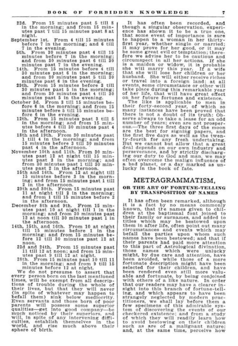 May include: A page from a vintage book titled "Book of Forbidden Knowledge" with text about fortune telling and the influence of names on a person's life.