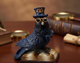 Steampunk Raven Statue, Mechanical Bird Sculpture, Gothic Library Decor