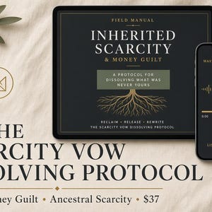 Puede incluir: Una tableta y un teléfono inteligente que muestran contenido digital titulado Field Manual Inherited Scarcity & Money Guilt, A Protocol for Dissolving What Was Never Yours, Reclaim, Release, Rewrite, The Scarcity Vow Dissolving Protocol y Master Audio Studio.