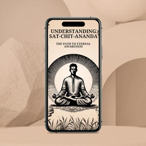 Puede incluir: La pantalla de un teléfono inteligente que muestra una ilustración en blanco y negro de una persona meditando con el texto "Understanding Sat-Chit-Ananda The Path to Eternal Awareness".