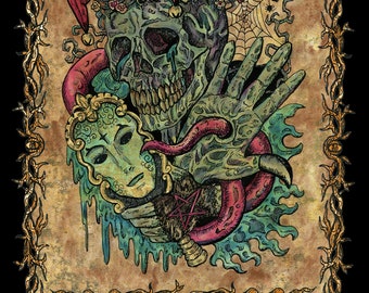 May include: A tarot card illustration of the Fool. The card features a green, skeletal figure wearing a jester's hat and holding a mask. The figure is surrounded by a swirling, green and blue background.