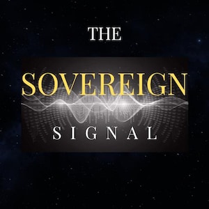 May include: Book cover with a black background and a starry sky effect. The title "THE SOVEREIGN SIGNAL" is in gold letters, with the author's name, ATLAS REED, at the bottom. A graphic of sound waves is in the center.