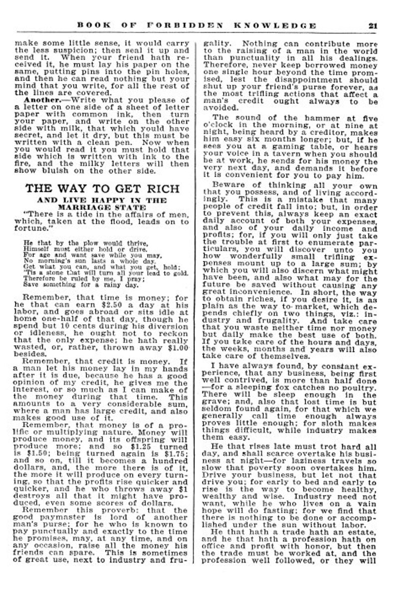 May include: A page from a book titled "Book of Forbidden Knowledge" with a black and white text about getting rich and living happily in a marriage state. The text includes quotes and advice on saving money, managing finances, and the importance of hard work and punctuality.