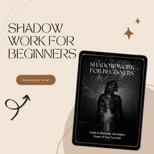 May include: A digital tablet displaying a book cover with the title "Shadow Work for Beginners: Guide to Illuminate the Hidden Power of Your True Self". The cover features a black and white image of a person standing in a forest with a bright light shining through the trees.
