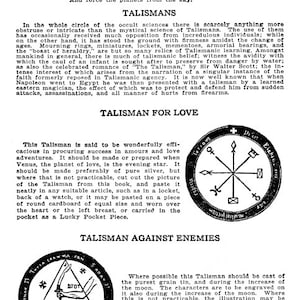 May include: A black and white illustration of a talisman for love. The talisman is a circle with a cross in the center and eight points radiating outward. Each point has a symbol on it. The text around the circle reads "La Om Di Gr Elathri", "Tabitha", "Enoch", "Gabriel", "Michael", "Raphael", "Uriel", and "Samael".