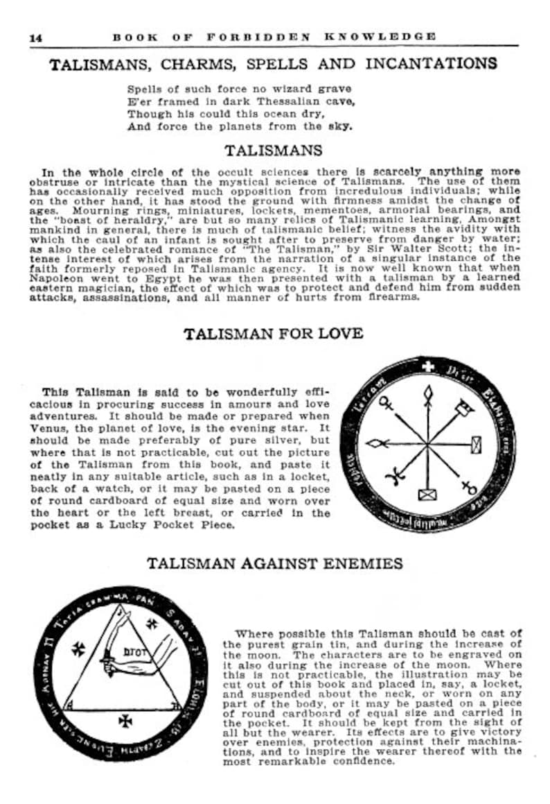 May include: A black and white illustration of a talisman for love. The talisman is a circle with a cross in the center and eight points radiating outward. Each point has a symbol on it. The text around the circle reads "La Om Di Gr Elathri", "Tabitha", "Enoch", "Gabriel", "Michael", "Raphael", "Uriel", and "Samael".