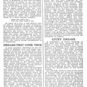 May include: A black and white page from a book with text about the magical properties of pins, dreams that come true, and lucky dreams. The text is in a serif font and is set in columns.