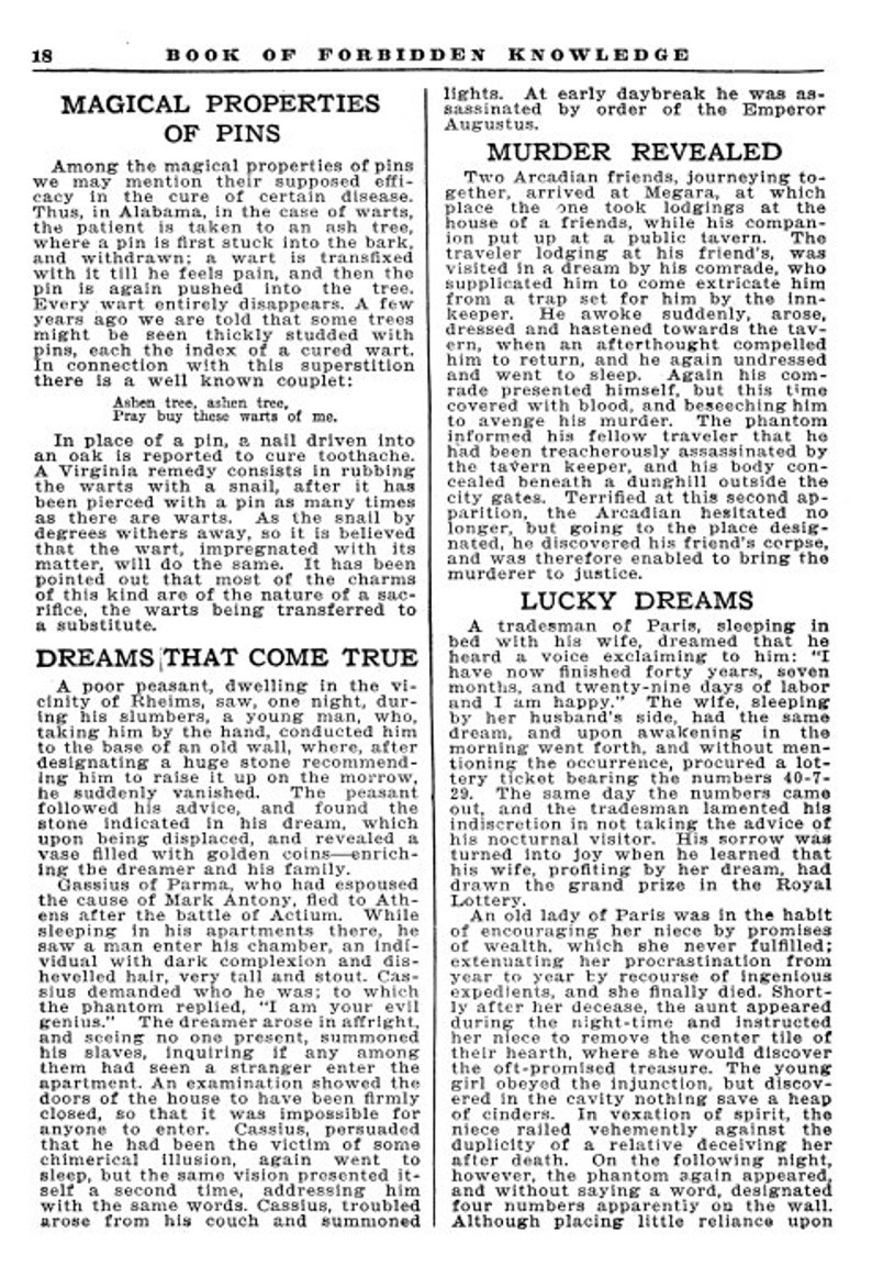 May include: A black and white page from a book with text about the magical properties of pins, dreams that come true, and lucky dreams. The text is in a serif font and is set in columns.