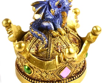 Gold Crown Trinket Box with Baby Blue Dragon | Whimsical Jewelry Box | Fantasy Decor Storage Box | Dragon Lover Gift | Metallic Keepsake Box