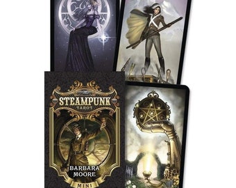 May include: The Steampunk Tarot Mini deck by Barbara Moore with art by Aly Fell. The box features a black background with gold accents and the title "The Steampunk Tarot". The cards feature a steampunk aesthetic with intricate details and a vintage feel.