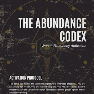 Peut inclure: Une affiche gris foncé intitulée THE ABUNDANCE CODEX Wealth Frequency Activation par Atlas Reed. Elle présente un motif de boussole géométrique, le texte ACTIVATION PROTOCOL, un paragraphe sur les sigils sonores, 8 MINUTES et 528HZ TONE.