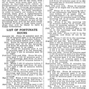 May include: A black and white newspaper page with a list of dates and times. The list is titled "List of Fortunate Hours" and includes dates from January to October. The text describes the best times for marriage and love affairs.