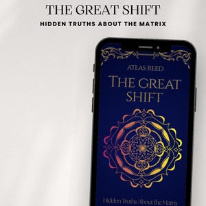 Puede incluir: Un smartphone muestra la portada del libro "THE GREAT SHIFT: Hidden Truths About the Matrix" de ATLAS REED. El diseño presenta un mandala dorado y naranja sobre un fondo azul oscuro. El teléfono es negro.