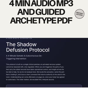 May include: A digital document titled The Shadow Defusion Protocol, featuring a 4-minute audio MP3 and a guided archetype PDF. The text describes a 4-minute somatic and subconscious de-triggering intervention with an instant access badge.