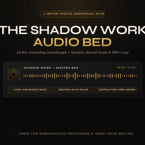 May include: A digital audiovisual suite titled The Shadow Work Audio Bed, featuring a 14-minute grounding soundscape, somatic journal guide, and MP4 loop. The interface displays a waveform, 174Hz Solfeggio base, resting-rate pulse, and distraction-free drone.
