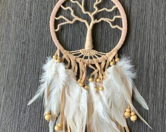 Atrapasueños Árbol de la Vida: Plumas blancas, cuentas de madera (11,4 cm)