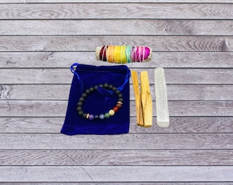 Chakra Balancing Kit: Sage, Palo Santo, Selenite, Lava Bracelet