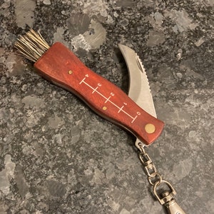 Może przedstawiać: Mały n&oacute;ż z drewnianym uchwytem, z pędzlem na jednym końcu i ząbkowanym ostrzem na drugim. Uchwyt ma wz&oacute;r zmiany bieg&oacute;w z numerami od 0 do 4. N&oacute;ż jest przymocowany do srebrnego breloka.