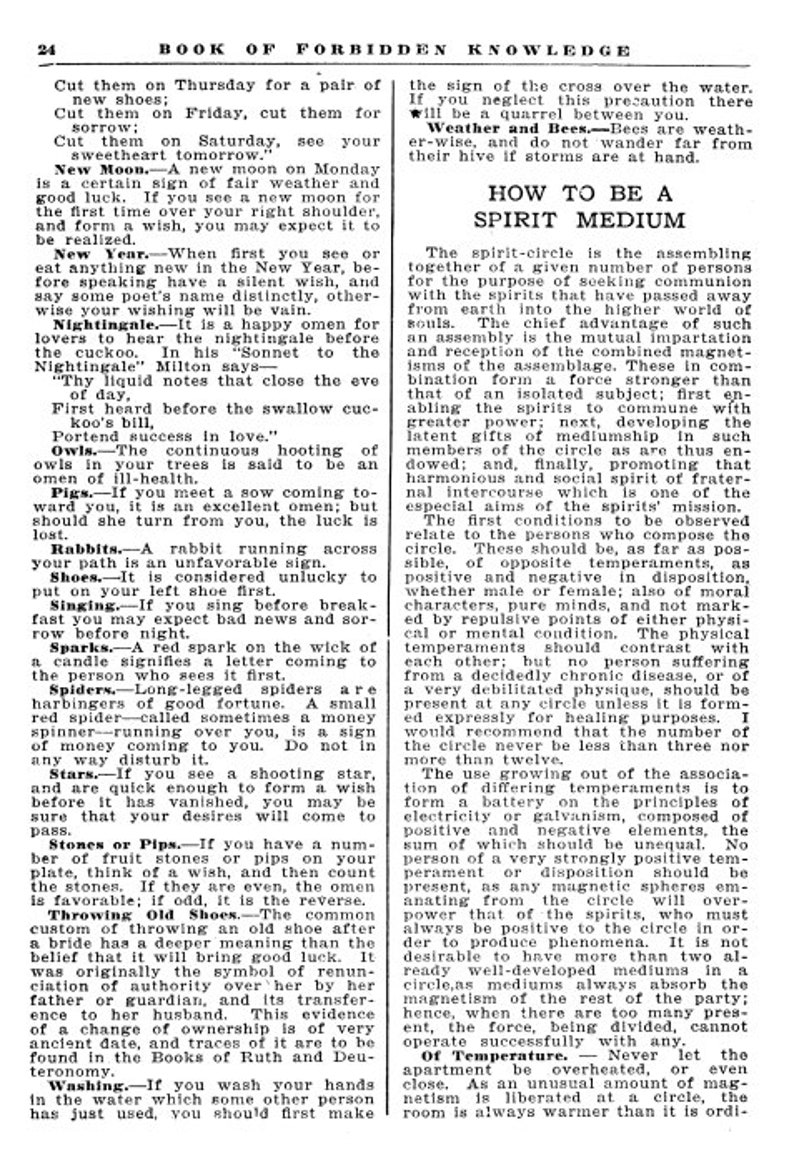May include: A page from a vintage book titled "Book of Forbidden Knowledge" with black text on a white background. The text discusses various superstitions and omens, including seeing a new moon, hearing a nightingale, and encountering a rabbit.