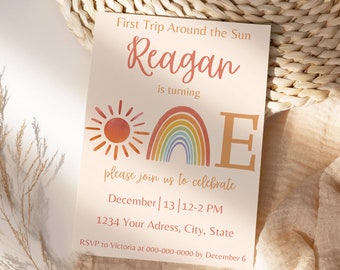 First Trip Around The Sun Birthday Invitation,  Sunshine Boho Rainbow 1st Birthday Invite,  Editable Template,  Instant Digital Download