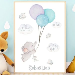 Cartel de estadísticas de nacimiento de niño bebé / Elefante con marco de impresión de globos / Regalo de fecha de nacimiento / Geburtsbild Junge / Geburtsposter / Geburtstafel Bild