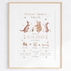 Impresión personalizada de nacimiento de bebé Winnie the Pooh / Regalo de recién nacido Piglet / Marco de póster con estadísticas de nacimiento de Kanga / Regalo de baby shower de conejo / Imagen de cumpleaños