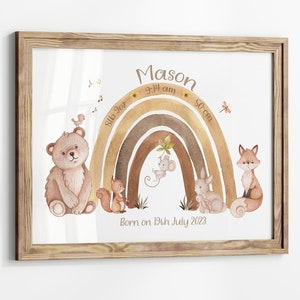 Impresión de nacimiento de bebé personalizada Animales del bosque / Regalo para recién nacidos con arcoíris / Marco de póster con detalles de nacimiento / Regalo para baby shower Estadísticas de nacimiento Imagen de nacimiento