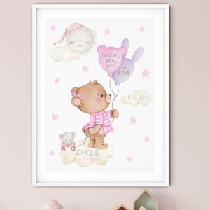 Oso de peluche globos rosas bebé nacimiento impresión / estrellas estadísticas de nacimiento marco del cartel / detalles del recién nacido impresión niña / Geburtstafel Bild / Geburtsposter