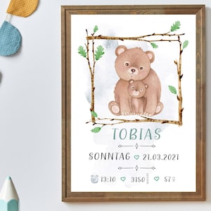 Impression de statistiques de naissance | Impression de chambre d'animaux de la forêt | Imprimé ours pour chambre de bébé | Carte du monde imprimée | Poster de naissance de bébé | Impression des détails de la naissance