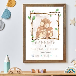 Geburtszahlen Print gerahmt | Neues Baby-Geburts-Druck | Geburtsnotizen Tiere Eule | Geburtsdaten Poster | Geburtsposter Mädchen | Geburtsbild Junge