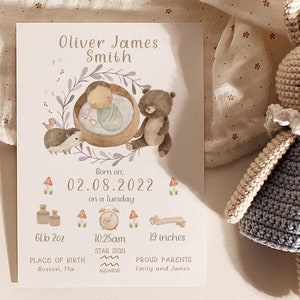 Impression personnalisée de naissance d'un bébé d'animaux de la forêt | Cadeau nouveau-né ours | Poster Statistiques de naissance | Cadeau baby shower | Thème de naissance Geburtsbild