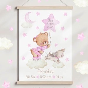 Stampa con i dati di nascita di una neonata con palloncino a forma di orsetto / Regalo personalizzato per neonati / Poster con cornice con i dati di nascita / Ricordo per baby shower / Grafico di nascita