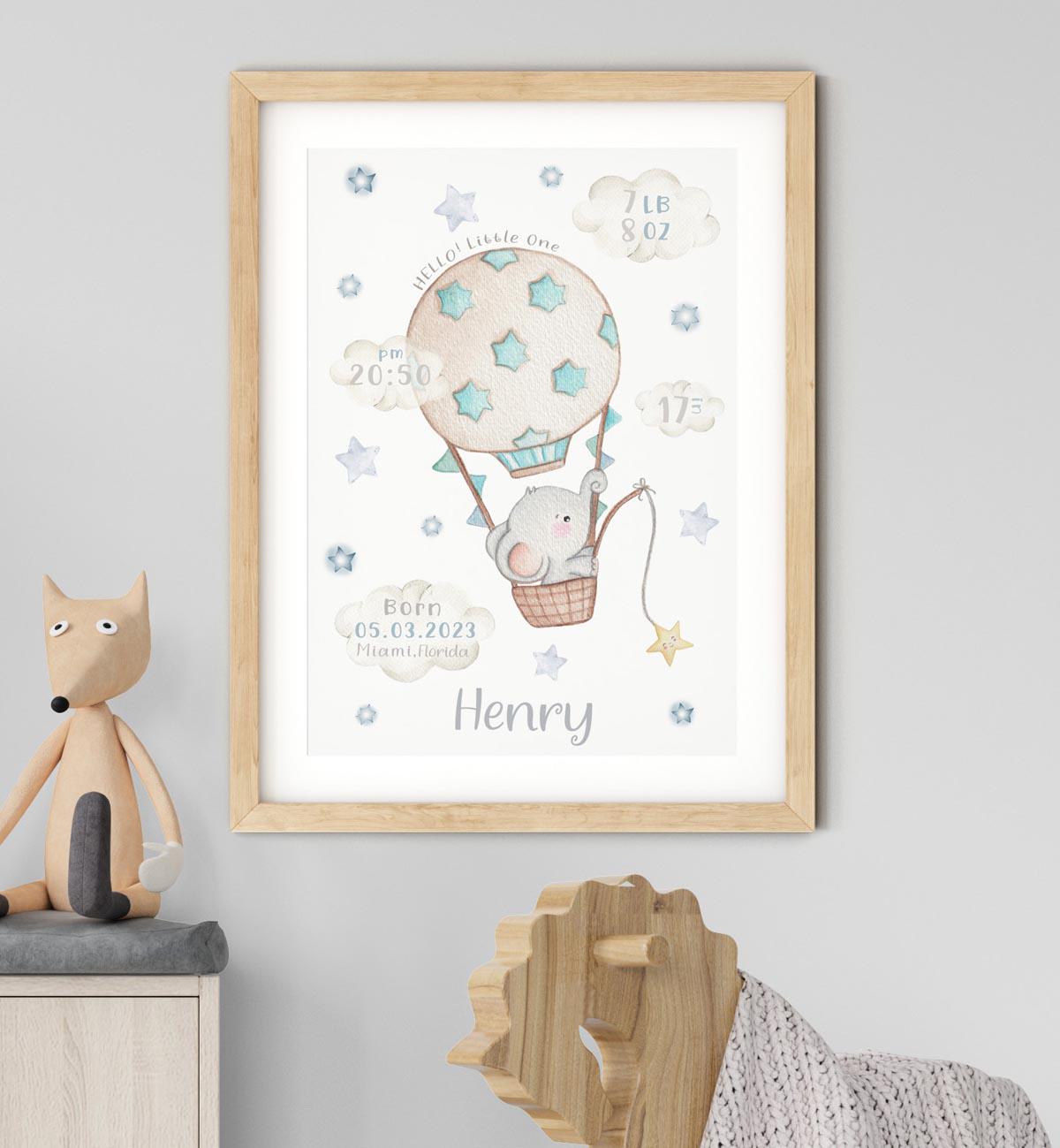 Baby Boy Birth Stats Print Elephant | Hot Air Balloon Poster Frame ...