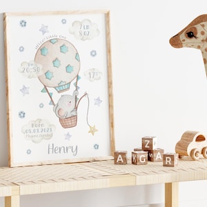 Estadísticas de nacimiento de niño bebé imprimir elefante / marco de cartel de globo aerostático / regalo de recién nacido / Geburtsbild Junge / Geburtsposter / Geburtstafel Bild