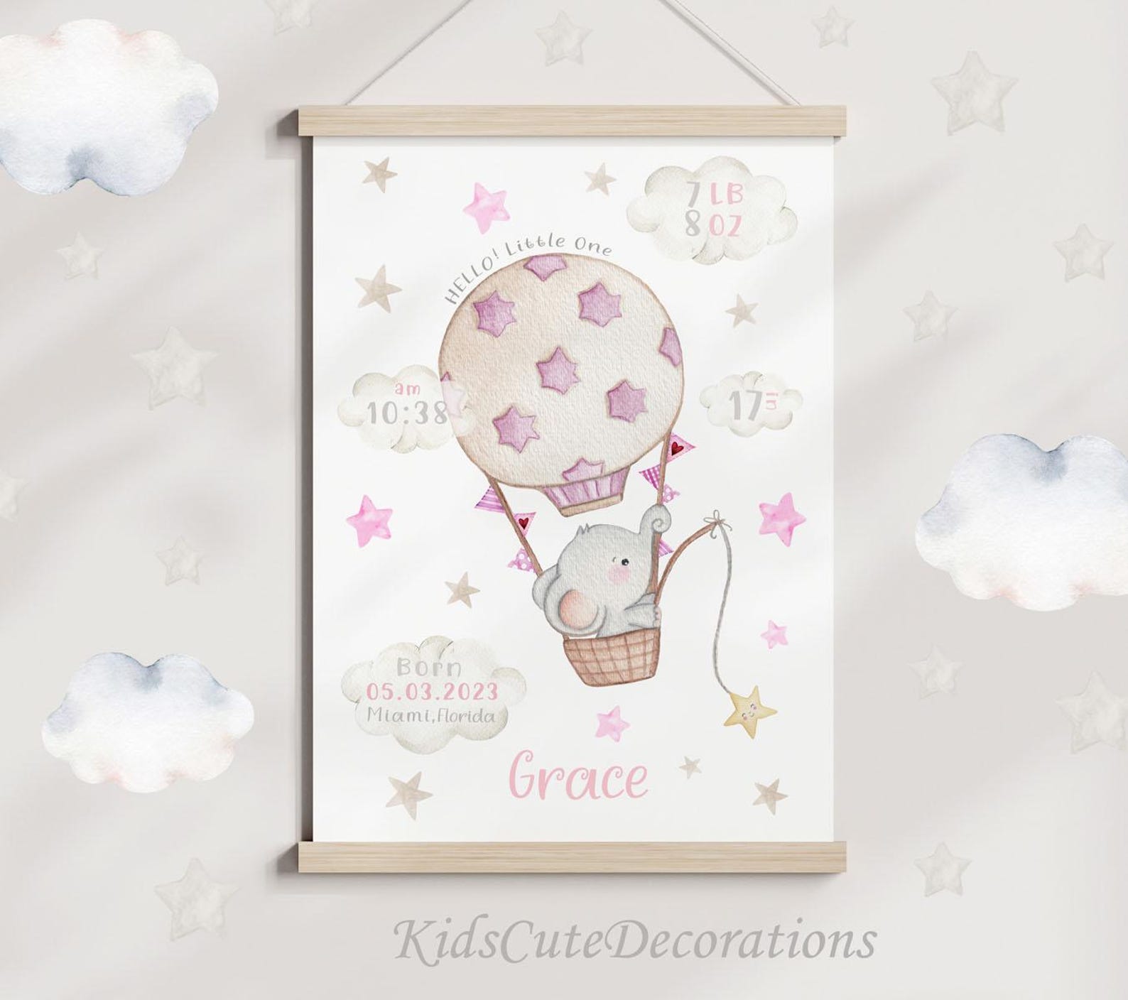 Baby Boy Birth Stats Print Elephant | Hot Air Balloon Poster Frame ...