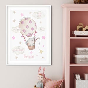 Bebé niña detalles de nacimiento imprimir elefante / globo aerostático marco del cartel / detalles del recién nacido impresión / Geburtsbild Geburtsposter Geburtstafel Bild
