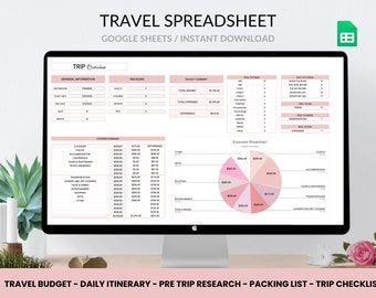 Digital Travel planner travel spreadsheet vacation google sheet editable travel template daily itinerary travel budget planner packing list