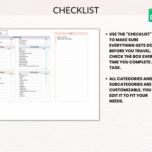 May include: A checklist template with a pink, blue, and green color scheme. The checklist is divided into sections with headings like "Trip Checklist", "Where You Book", "The Day Before", "One Week Before", and "Departure Day". The checklist is designed to help travelers organize and track their travel preparations.