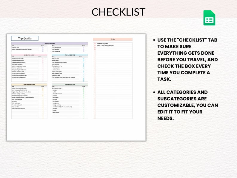 May include: A checklist template with a pink, blue, and green color scheme. The checklist is divided into sections with headings like "Trip Checklist", "Where You Book", "The Day Before", "One Week Before", and "Departure Day". The checklist is designed to help travelers organize and track their travel preparations.