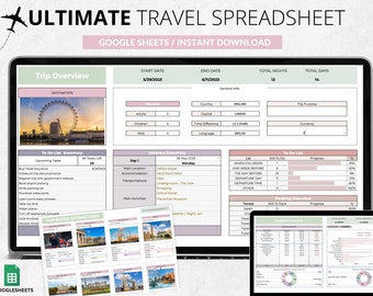 May include: A digital travel spreadsheet displayed on a laptop and tablet. The spreadsheet includes sections for trip overview, itinerary, and budget. Text on the screen reads "ULTIMATE TRAVEL SPREADSHEET" and "GOOGLE SHEETS / INSTANT DOWNLOAD."