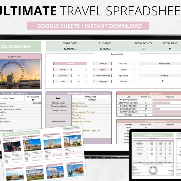 Feuille de calcul de voyage ultime Planificateur de voyage numérique Budget de voyage Google Sheets Planificateur de vacances Modèle modifiable Planificateur de vacances