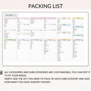 May include: A printable packing list with categories for clothes, shoes, toiletries, accessories, electronics, and more. The list includes columns for item name, quantity needed, and quantity packed. The text "PACKING LIST" is at the top of the page.