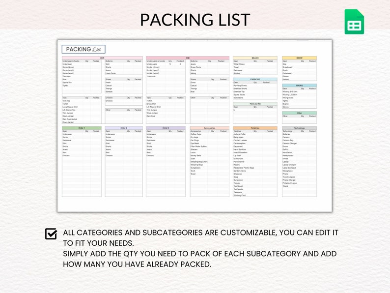 May include: A printable packing list with categories for clothes, shoes, toiletries, accessories, electronics, and more. The list includes columns for item name, quantity needed, and quantity packed. The text "PACKING LIST" is at the top of the page.