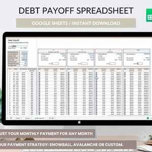 以下が含まれることがあります： 「Debt Payoff Spreadsheet」というタイトルのGoogleスプレッドシートが表示されたコンピューター画面。このスプレッドシートは、ユーザーが債務の返済を追跡および管理するのに役立つように設計されています。スプレッドシートには、債務名、開始残高、金利、最低返済額、月額返済額の列が含まれています。スプレッドシートには、支払われた利息の合計額と返済された債務の合計額を追跡するためのセクションも含まれています。