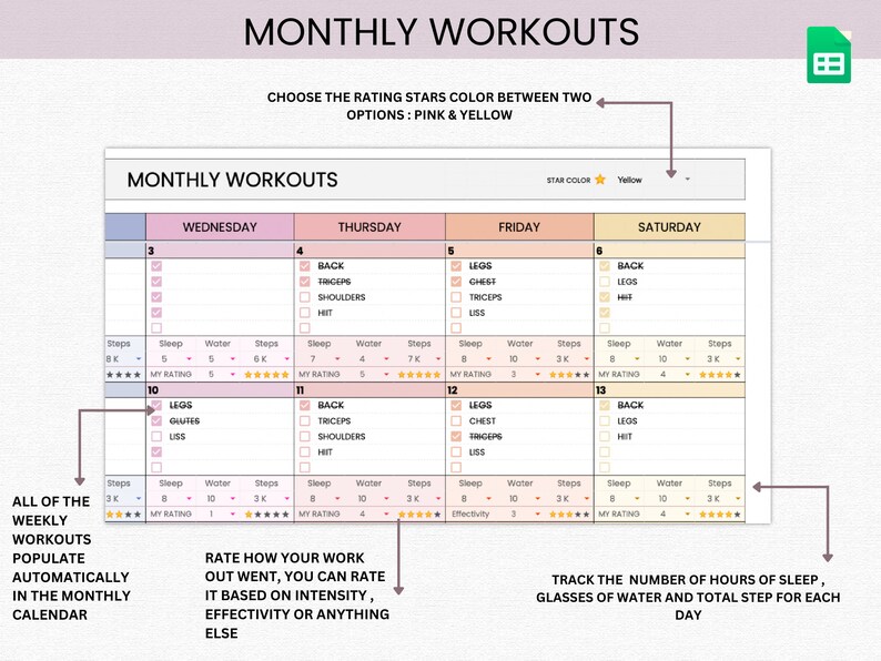 Workout Planner Spreadsheet Google Sheets Weekly Fitness Etsy