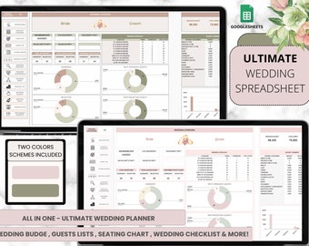 Puede incluir: Una hoja de cálculo de planificación de bodas digital en Google Sheets con dos esquemas de colores, rosa y verde. La hoja de cálculo incluye secciones para el presupuesto de la boda, las listas de invitados, el plano de asientos, la lista de verificación de la boda y mucho más. La hoja de cálculo tiene un presupuesto total de 75.900 €.