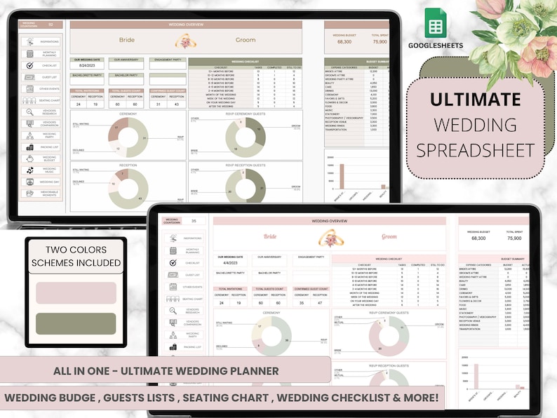 May include: A digital wedding planner spreadsheet in Google Sheets with two colour schemes, pink and green. The spreadsheet includes sections for wedding budget, guest lists, seating chart, wedding checklist, and more. The spreadsheet has a total budget of &pound;75,900.