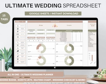 May include: A computer screen displaying a Google Sheets spreadsheet for wedding planning. The spreadsheet has 15 tabs, including a wedding budget, guest lists, seating chart, and wedding checklist. The spreadsheet is titled "Ultimate Wedding Spreadsheet" and has a wedding budget of £68,300.
