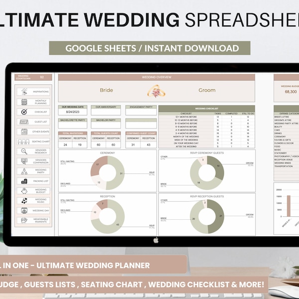 Feuille de calcul de mariage Planificateur de mariage numérique Planification de budget de mariage Liste de contrôle de mariage Liste d'invités de mariage Modèle de feuilles Google